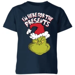 Dr. Seuss The Grinch Im Here For The Presents Kids Christmas T-Shirt - Navy