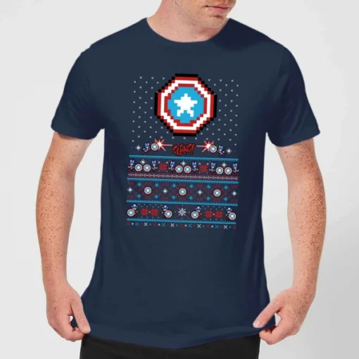 Marvel Avengers Captain America Pixel Art Men's Christmas T-Shirt - Navy -STAR WARS Store 11923617 8994619812658928