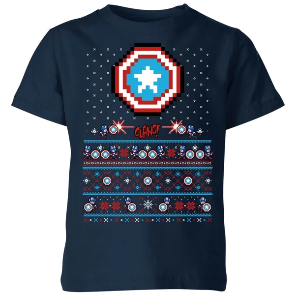 Marvel Avengers Captain America Pixel Art Kids Christmas T-Shirt - Navy 1 Marvel Avengers Captain America Pixel Art Kids Christmas T-Shirt - Navy
