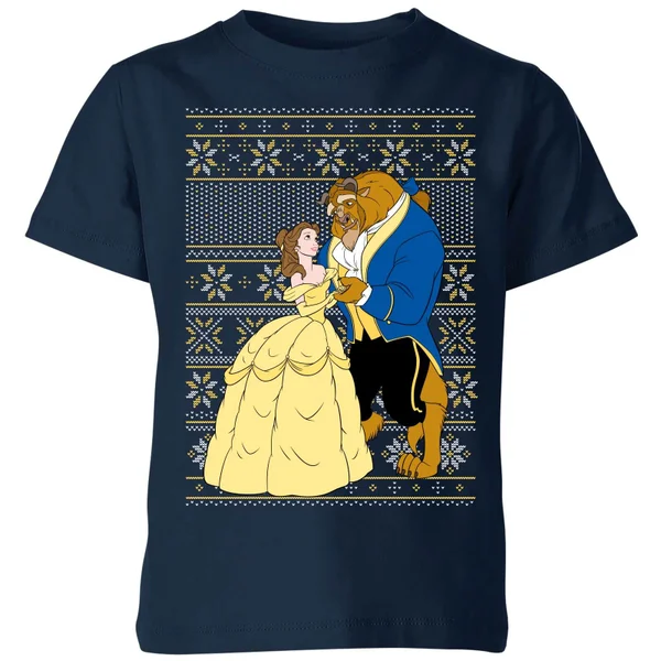 Disney Classic Beauty And The Beast Pattern Kids Christmas T-Shirt - Navy 1 Disney Classic Beauty And The Beast Pattern Kids Christmas T-Shirt - Navy