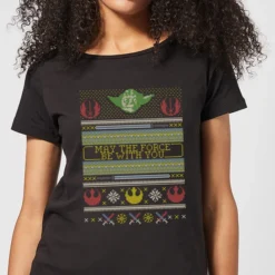 Star Wars May The Force Be With You Pattern Women's Christmas T-Shirt - Black