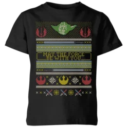 Star Wars May The Force Be With You Pattern Kids Christmas T-Shirt - Black