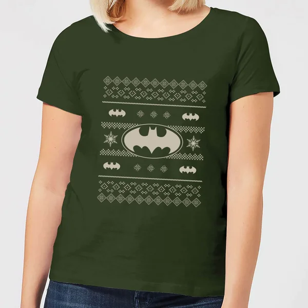 DC Comics Batman Knit Pattern Women's Christmas T-Shirt In Forest Green 1 DC Comics Batman Knit Pattern Women's Christmas T-Shirt In Forest Green