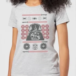 Star Wars Darth Vader Face Knit Women's Christmas T-Shirt - Grey