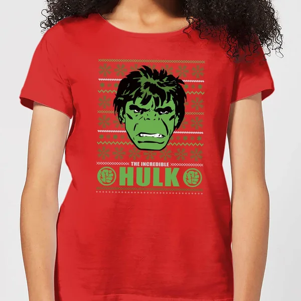 Marvel Hulk Face Women's Christmas T-Shirt - Red 1 Marvel Hulk Face Women's Christmas T-Shirt - Red
