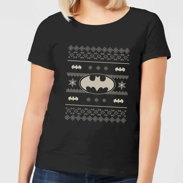 DC Comics Batman Knit Pattern Women's Christmas T-Shirt In Black 1 DC Comics Batman Knit Pattern Women's Christmas T-Shirt In Black
