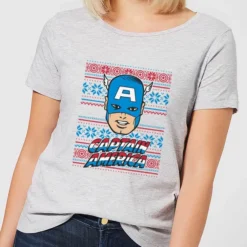 Marvel Captain America Face Women's Christmas T-Shirt - Grey