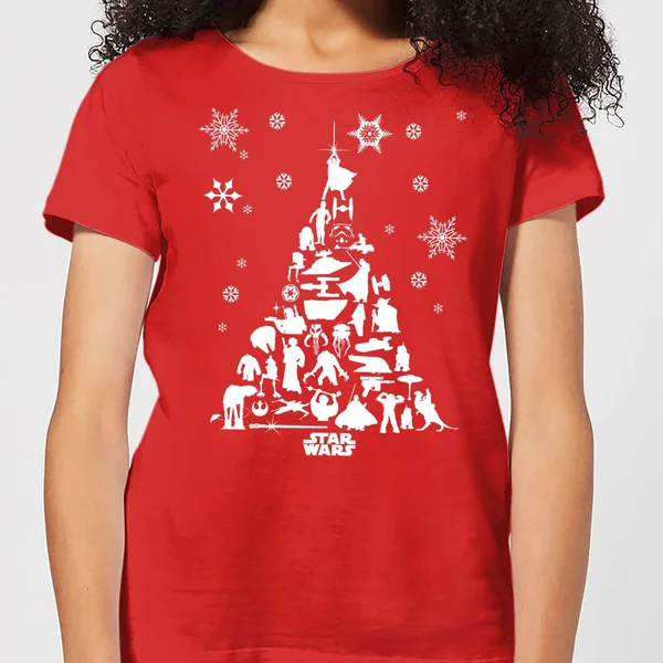 Star Wars Character Christmas Tree Women's Christmas T-Shirt - Red 1 Star Wars Character Christmas Tree Women's Christmas T-Shirt - Red