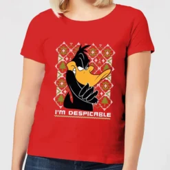 Looney Tunes Daffy Duck Knit Women's Christmas T-Shirt - Red