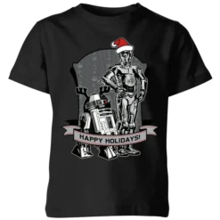 Star Wars Happy Holidays Droids Kids' Christmas T-Shirt - Black