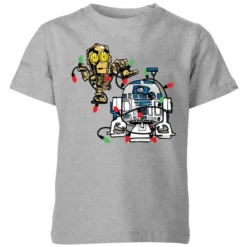 Star Wars Tangled Fairy Lights Droids Kids' Christmas T-Shirt - Grey