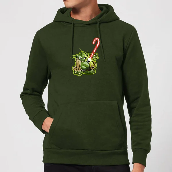 Star Wars Candy Cane Yoda Christmas Hoodie - Forest Green 1 Star Wars Candy Cane Yoda Christmas Hoodie - Forest Green