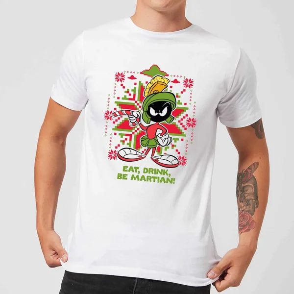 Looney Tunes Eat Drink Be Martian Men's Christmas T-Shirt - White 1 Looney Tunes Eat Drink Be Martian Men's Christmas T-Shirt - White
