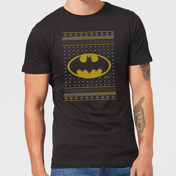 DC Comics Batman Knit Men's Christmas T-Shirt In Black 1 DC Comics Batman Knit Men's Christmas T-Shirt In Black